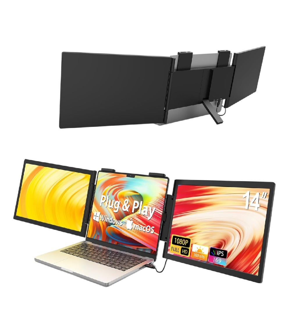 Dual Laptop Screen Extender, 14" 1080P Portable Triple Monitor for 14-16.5" Laptops with USB-C Port