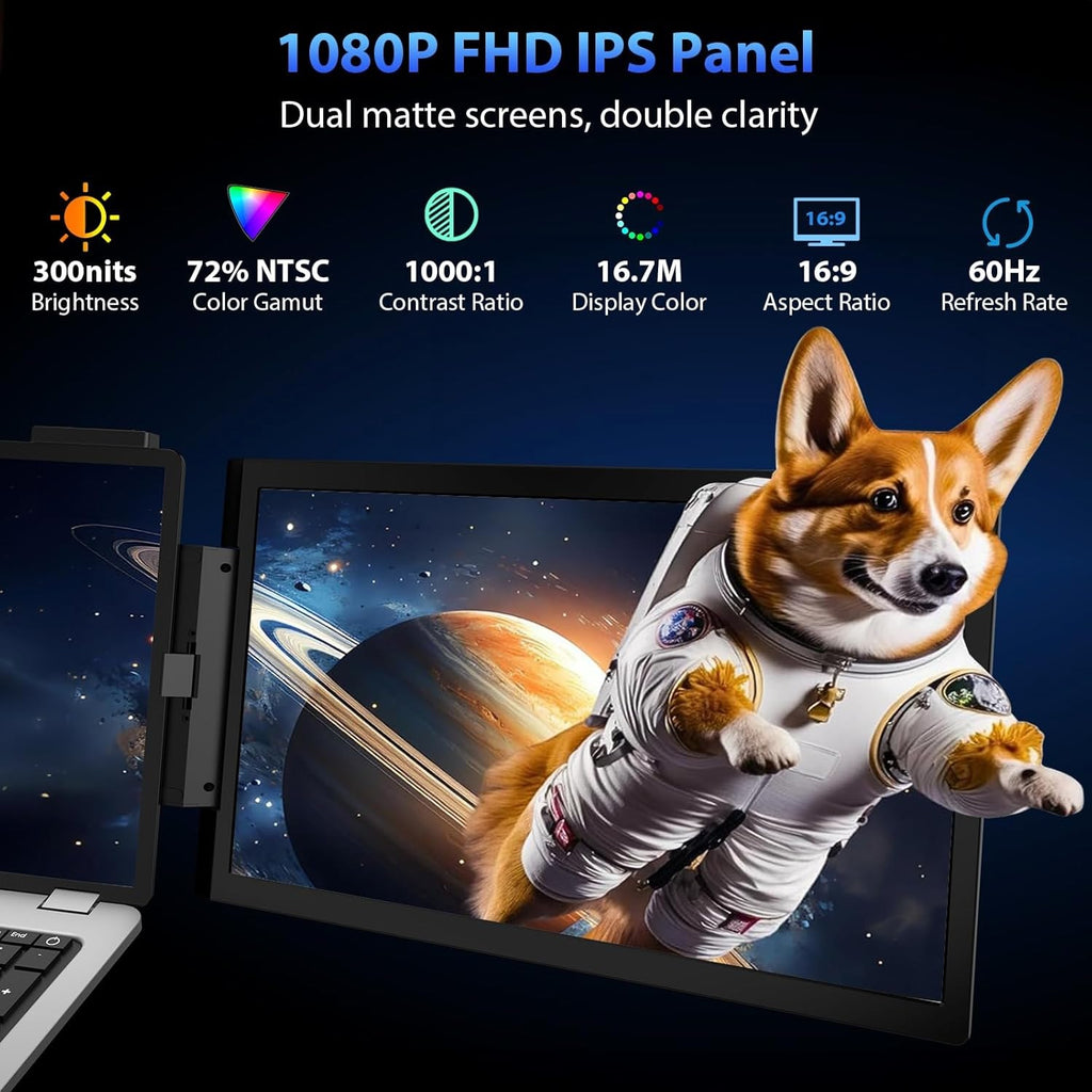 Dual Laptop Screen Extender, 14" 1080P Portable Triple Monitor for 14-16.5" Laptops with USB-C Port