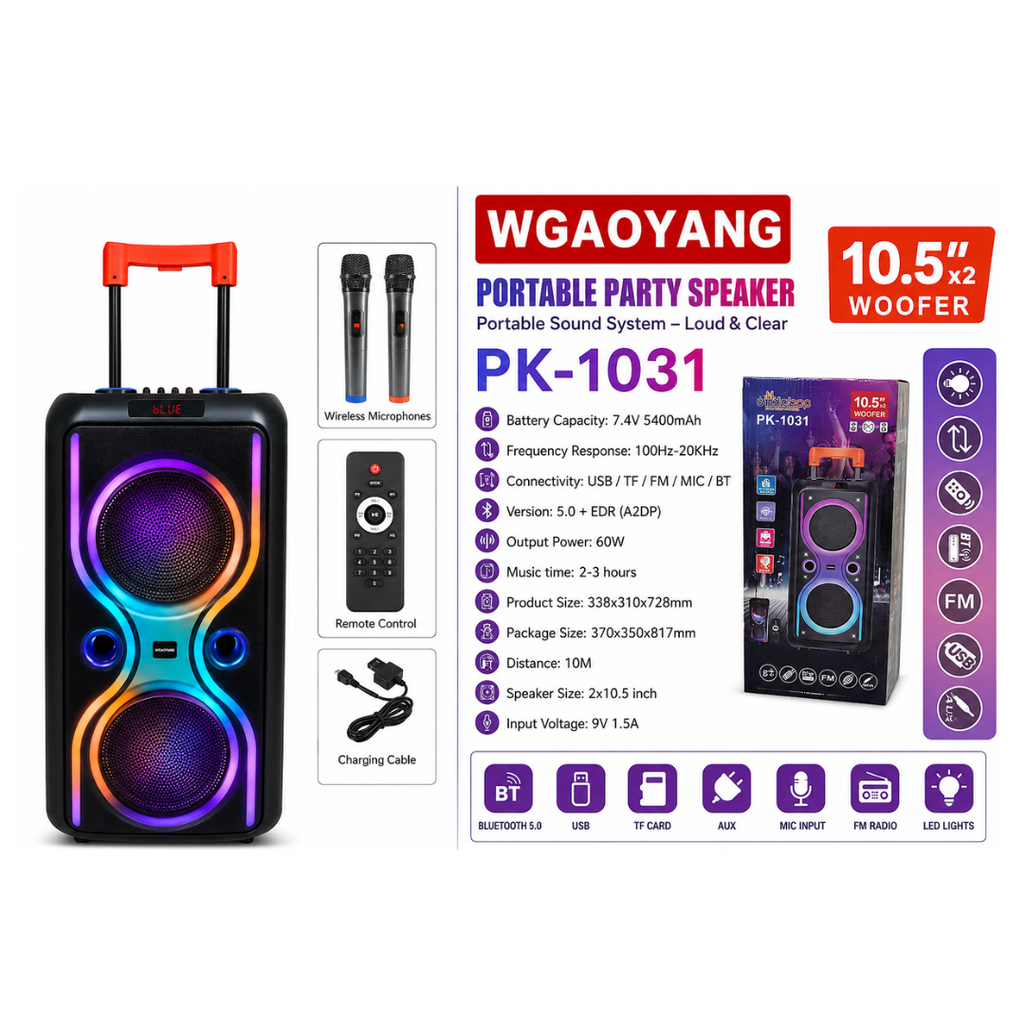 WGAOYANG 60W Trolley Speaker with Dual 10.5-Inch Woofers & Wireless Microphones - PK-1031