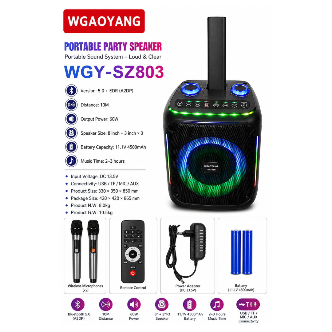 WGAOYANG 60W Wireless Karaoke Party Speaker with RGB Lights & 2 Microphones -  WGY-SZ803