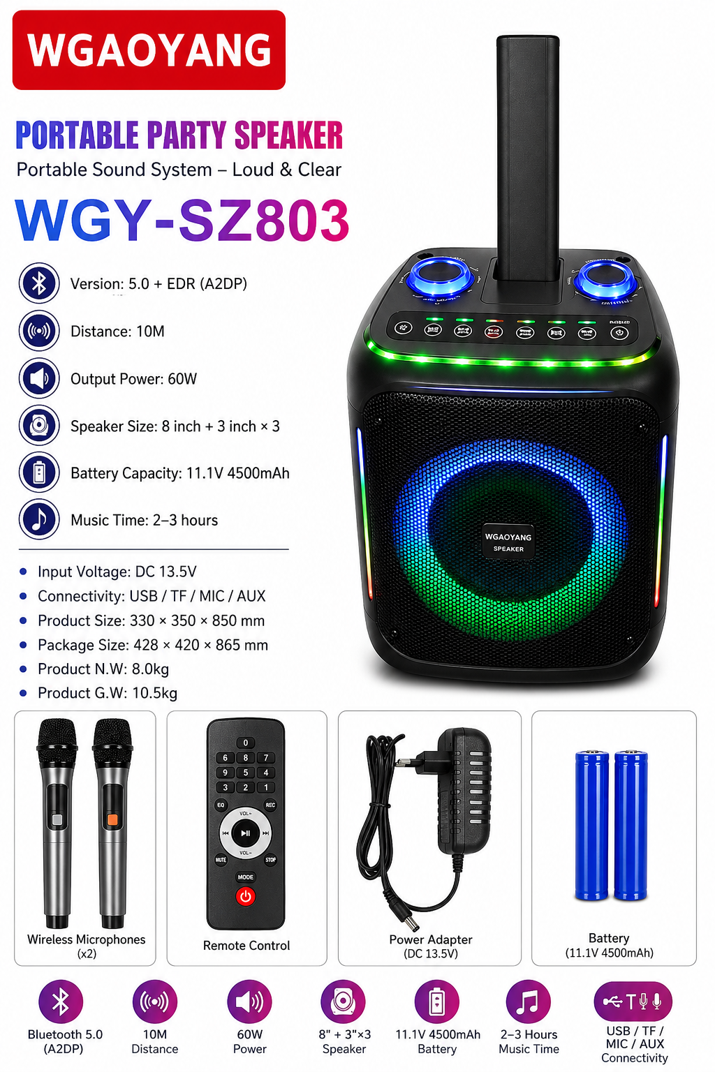 WGAOYANG 60W Wireless Karaoke Party Speaker with RGB Lights & 2 Microphones -  WGY-SZ803