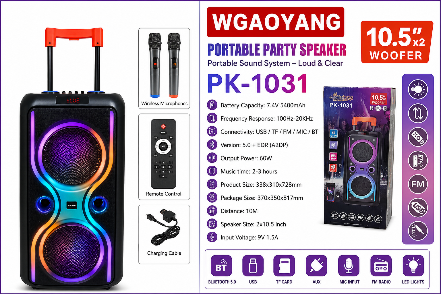 WGAOYANG 60W Trolley Speaker with Dual 10.5-Inch Woofers & Wireless Microphones - PK-1031