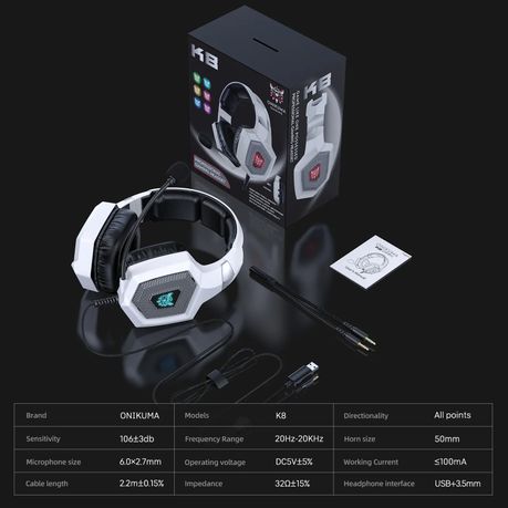 Onikuma K8 Professional Gaming Wired Headset – White, Noise-Reducing Mic, 50mm Drivers, Ergonomic Comfort