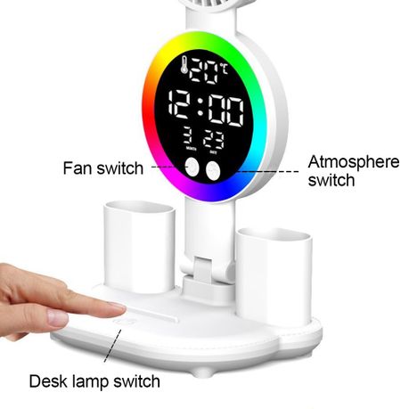 Adjustable Folding LED Desk Lamp with Fan & Clock – 3-in-1 Desk Organizer