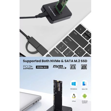 M.2 NGFF SATA SSD Docking Enclosure – USB 3.0/USB-C NVMe M-Key External Cable Dock