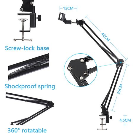 Cantilever Adjustable Microphone Stand – Foldable Design + Shock Mount | Desktop Studio Arm