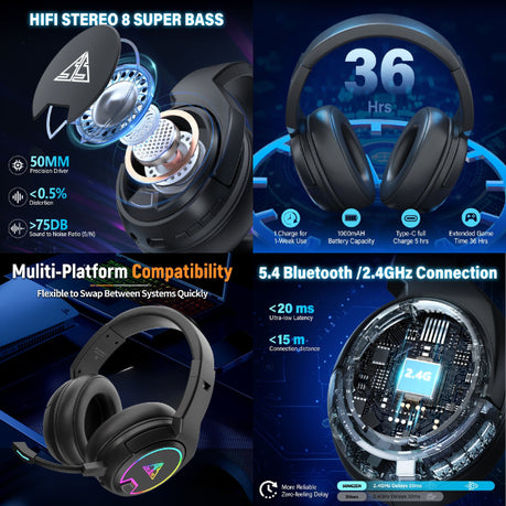 SONGZEN S4 PRO Wireless Gaming Headset RGB with Mic