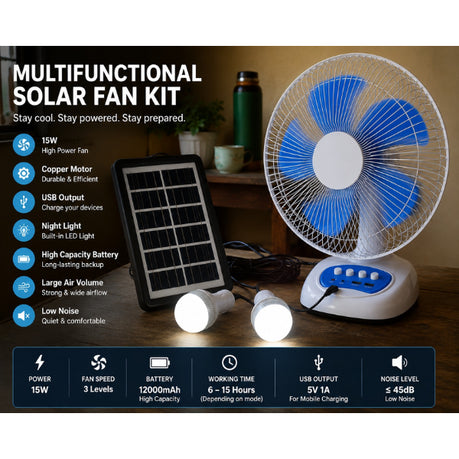 15W Solar Rechargeable Fan – Portable Cooling Fan with Battery Backup