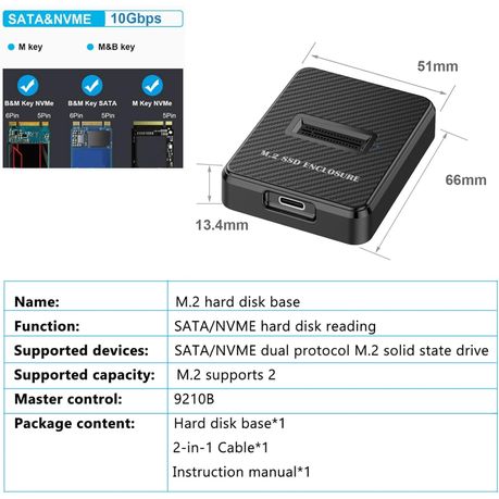 M.2 NGFF SATA SSD Docking Enclosure – USB 3.0/USB-C NVMe M-Key External Cable Dock