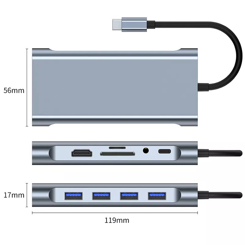 11-in-1 Type-C Hub Adapter – 4K HDTV, Ethernet, SD/TF, Audio & PD Charging