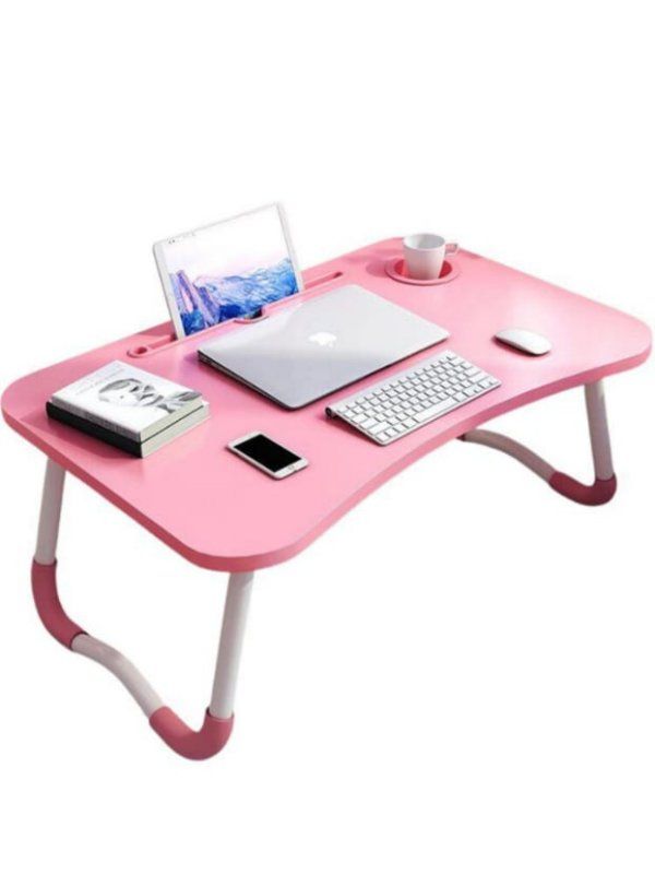 Laptop Stand Desk Foldable – Pink Portable Bed Table with Cup Holder & Device Slot