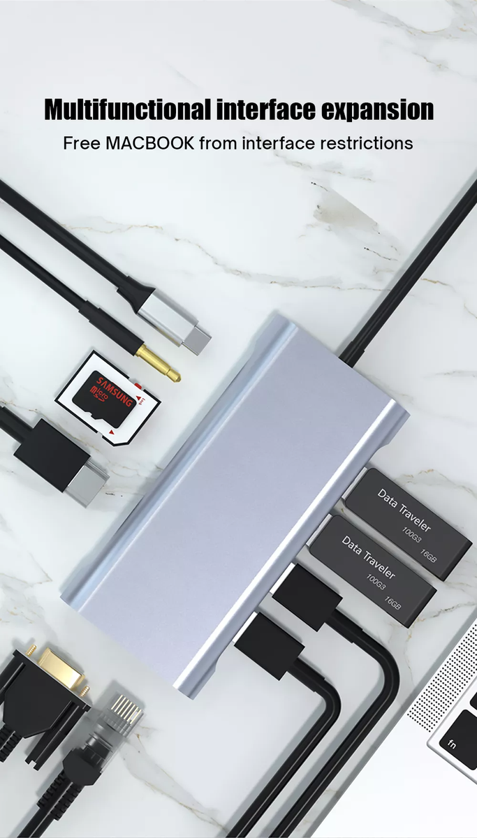 11-in-1 Type-C Hub Adapter – 4K HDTV, Ethernet, SD/TF, Audio & PD Charging