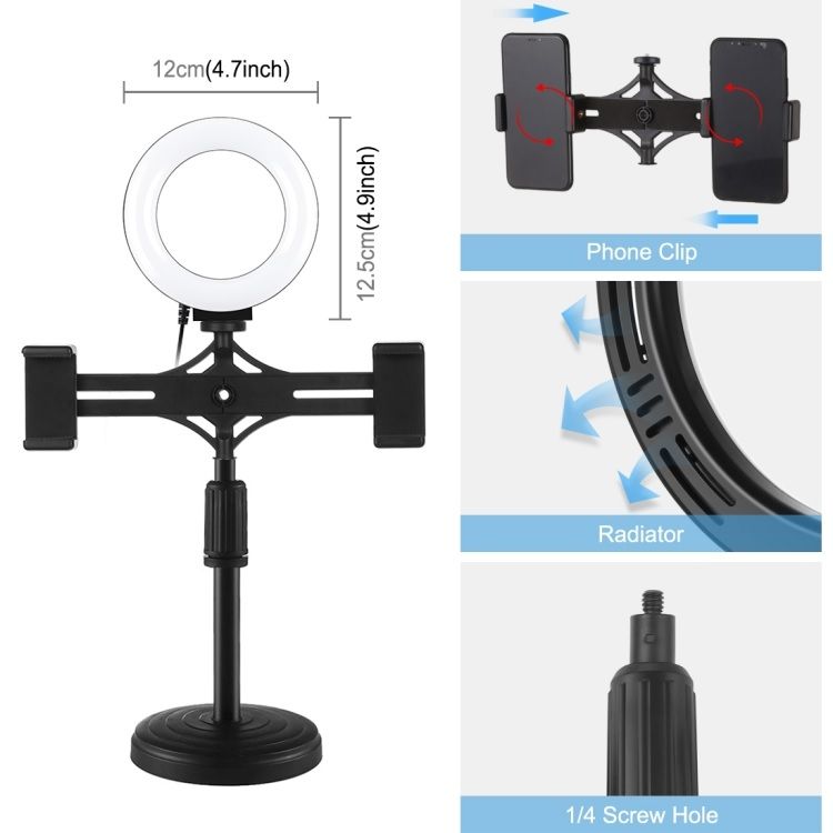 DW Puluz PKT3096 4.7-Inch LED Ring Light with Desktop Stand & Dual Phone Holder