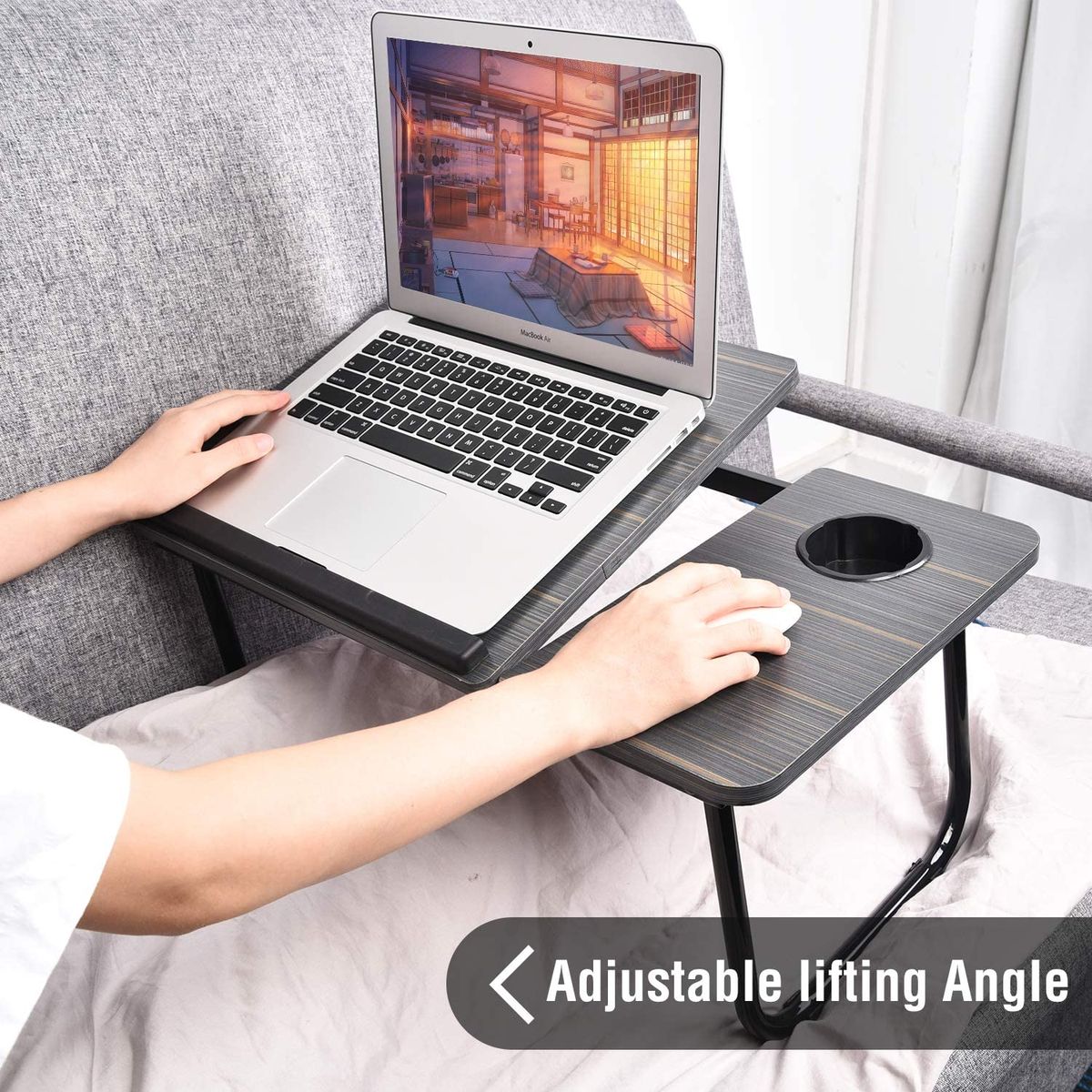 Portable Laptop Stand – Folding Bed Table with Adjustable Split Surface & Cup Holder