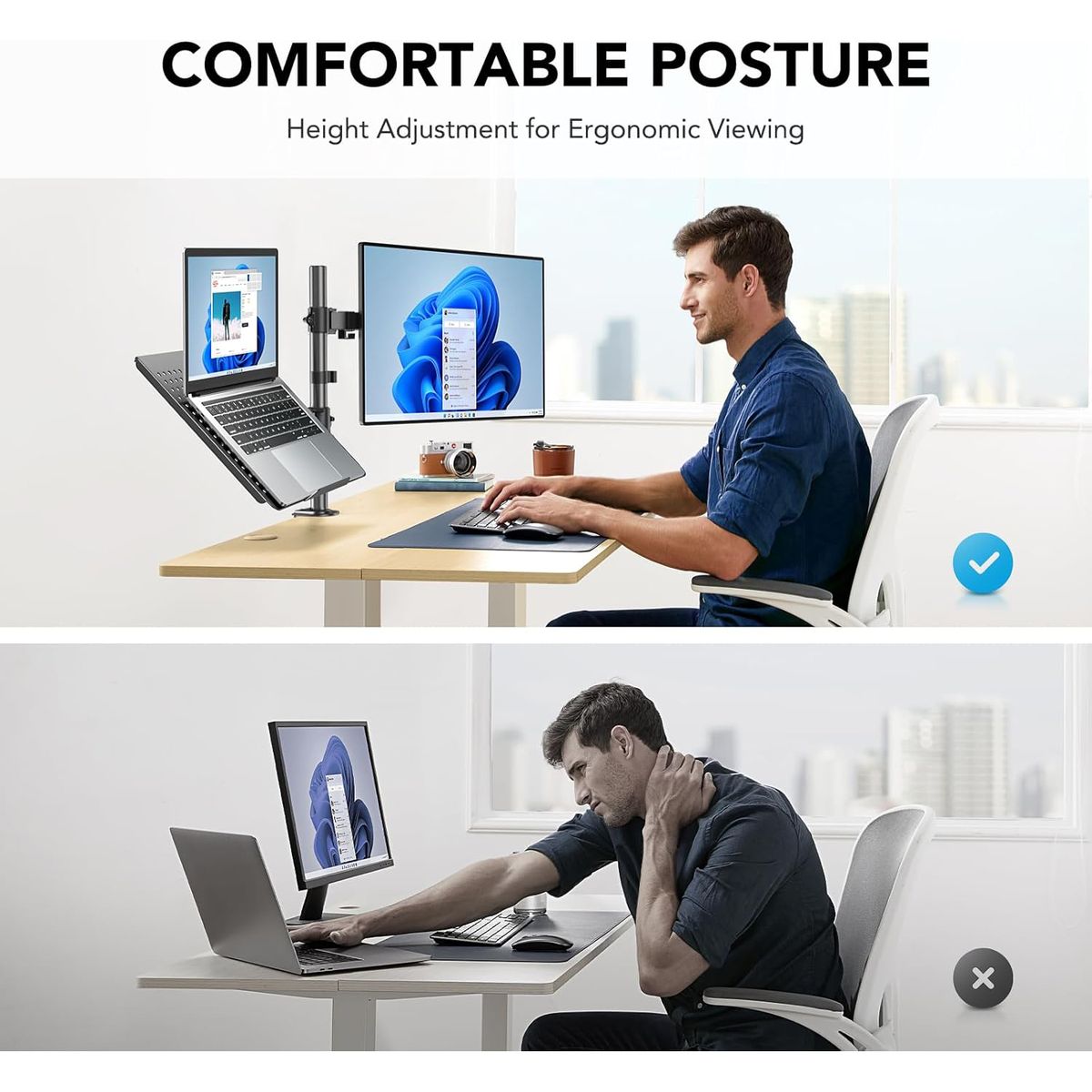 Adjustable Dual Monitor & Laptop Arm Stand – Heavy Duty Aluminum Clamp/Grommet Mount for 13–32" Monitors & 17" Laptops