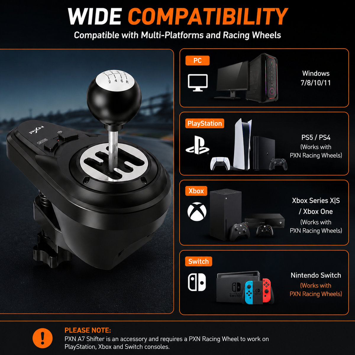 PXN A7 Racing Shifter – 7-Speed H-Pattern & Sequential PC Gear Shifter