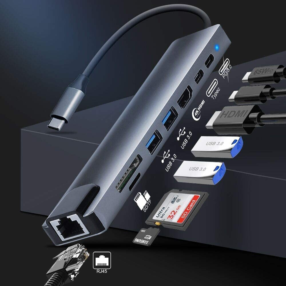 8-in-1 Type-C Adapter Hub Docking Station – HDMI, Ethernet & SD/TF Card Reader