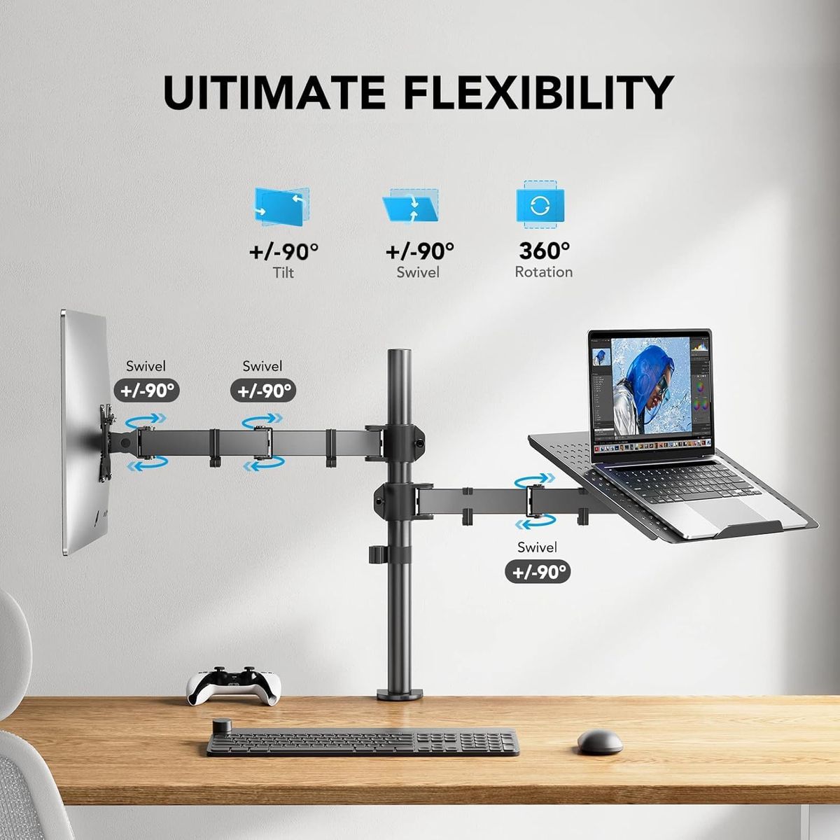 Adjustable Dual Monitor & Laptop Arm Stand – Heavy Duty Aluminum Clamp/Grommet Mount for 13–32" Monitors & 17" Laptops