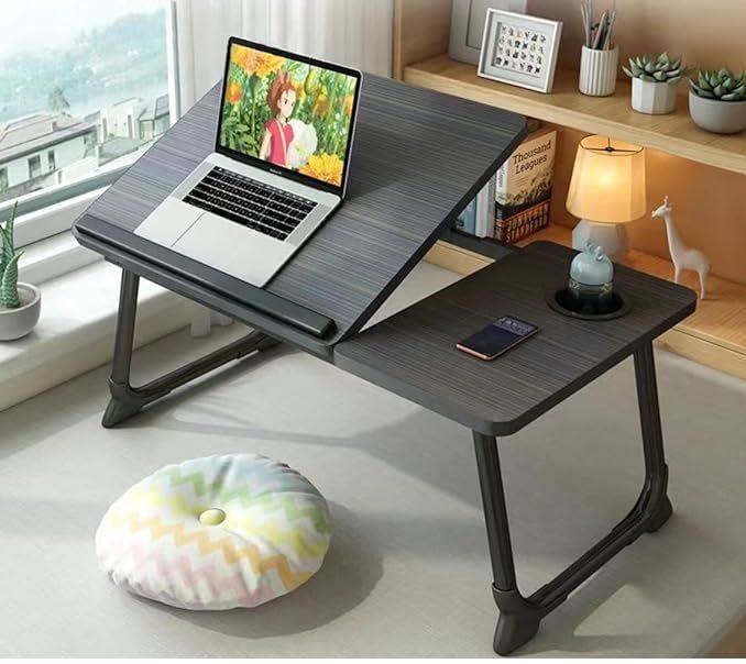 Portable Laptop Stand – Folding Bed Table with Adjustable Split Surface & Cup Holder