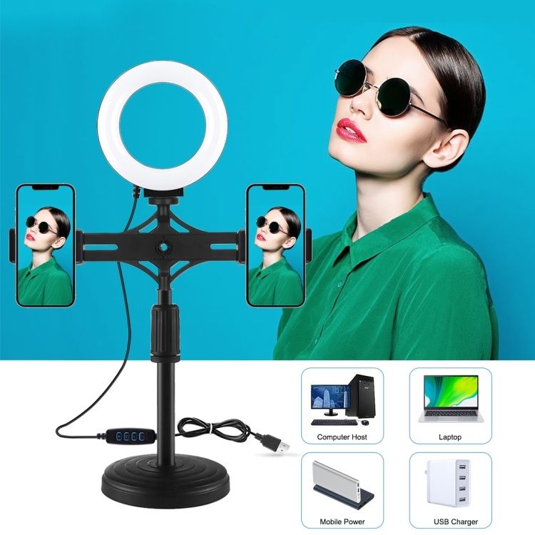 DW Puluz PKT3096 4.7-Inch LED Ring Light with Desktop Stand & Dual Phone Holder