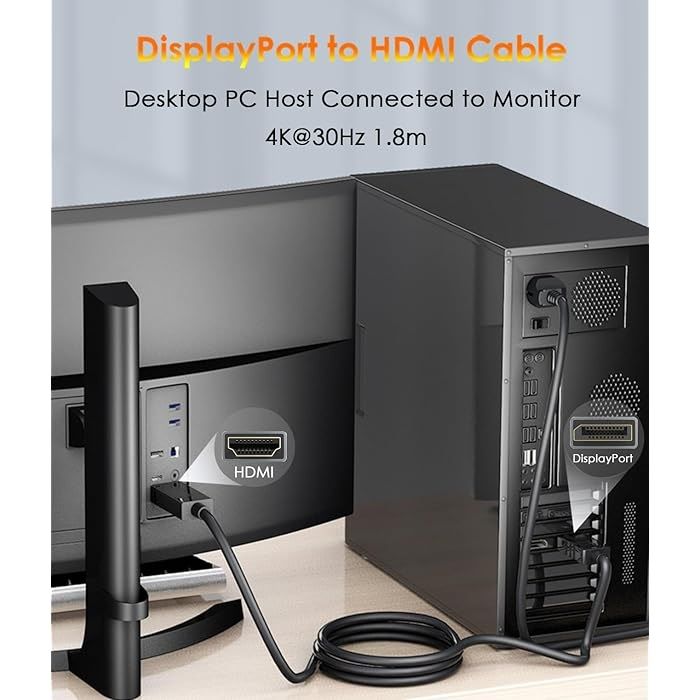 DisplayPort to HDMI Cable 1.8M – 4K UHD Video & Audio Adapter for PC, Monitor, TV, and Laptop