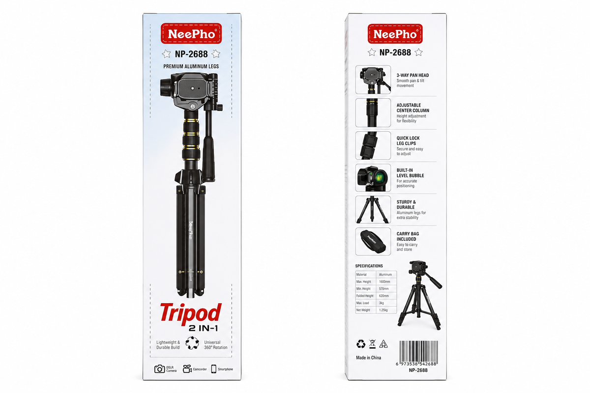 NeePho NP-2688 Professional Camera & Phone Tripod Stand with Phone Holder & Carry Bag | 200cm