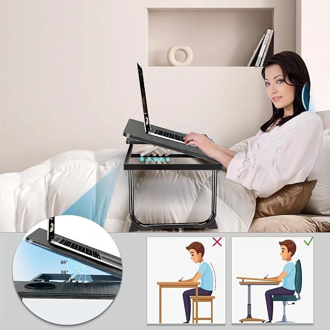 Portable Laptop Stand – Folding Bed Table with Adjustable Split Surface & Cup Holder