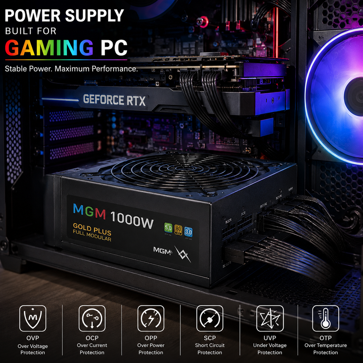 MGM Gaming 1000W 80 Plus Gold Full Modular ATX 3.0 PCIe 5.0 Power Supply (PSU)