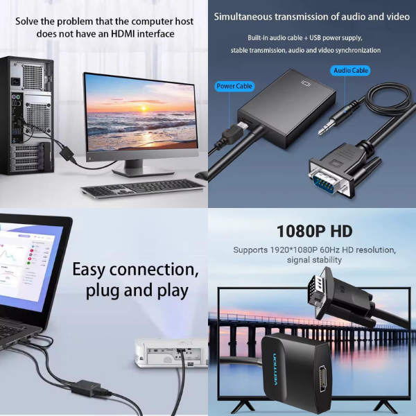 VGA to HDMI Adapter with Audio – Full HD 1080P Plug & Play