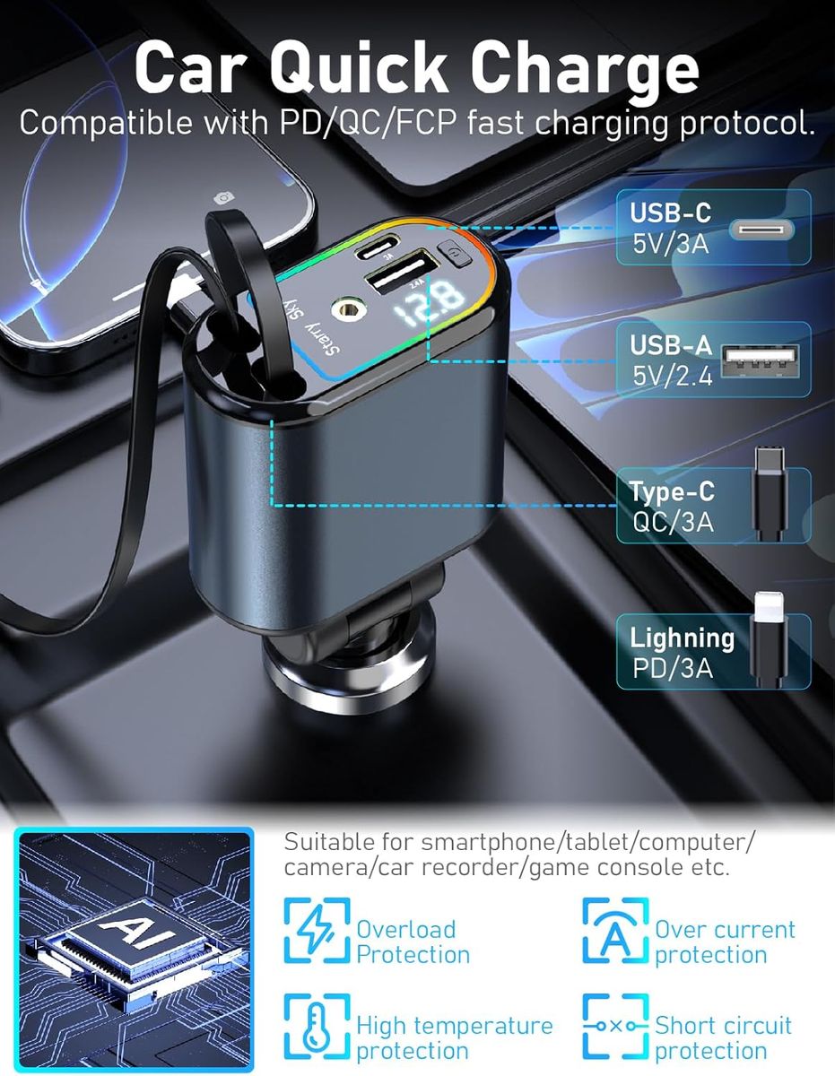 Starlight Retractable Car Charger – 4 in 1 Car Accessory with Dual USB Ports
