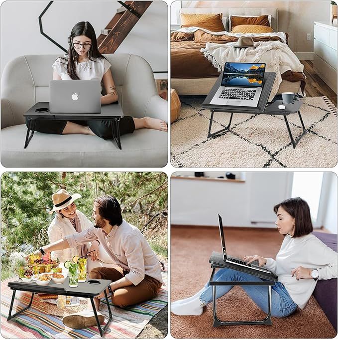 Portable Laptop Stand – Folding Bed Table with Adjustable Split Surface & Cup Holder