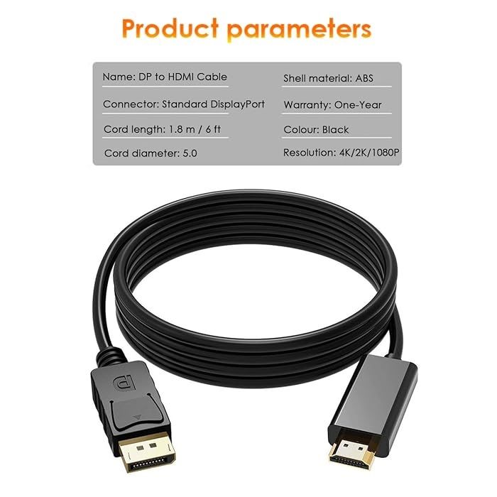 DisplayPort to HDMI Cable 1.8M – 4K UHD Video & Audio Adapter for PC, Monitor, TV, and Laptop