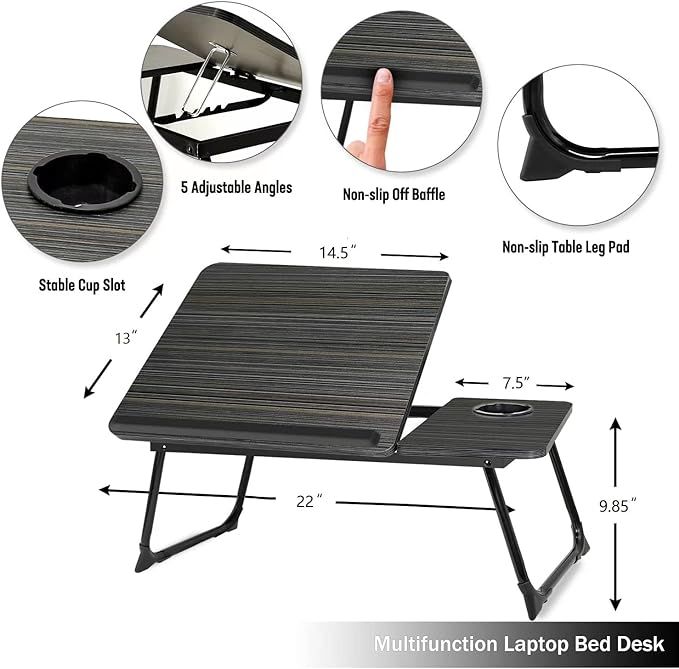 Portable Laptop Stand – Folding Bed Table with Adjustable Split Surface & Cup Holder