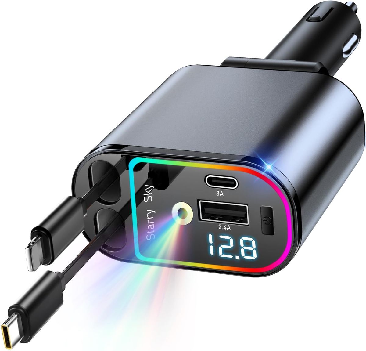 Starlight Retractable Car Charger – 4 in 1 Car Accessory with Dual USB Ports